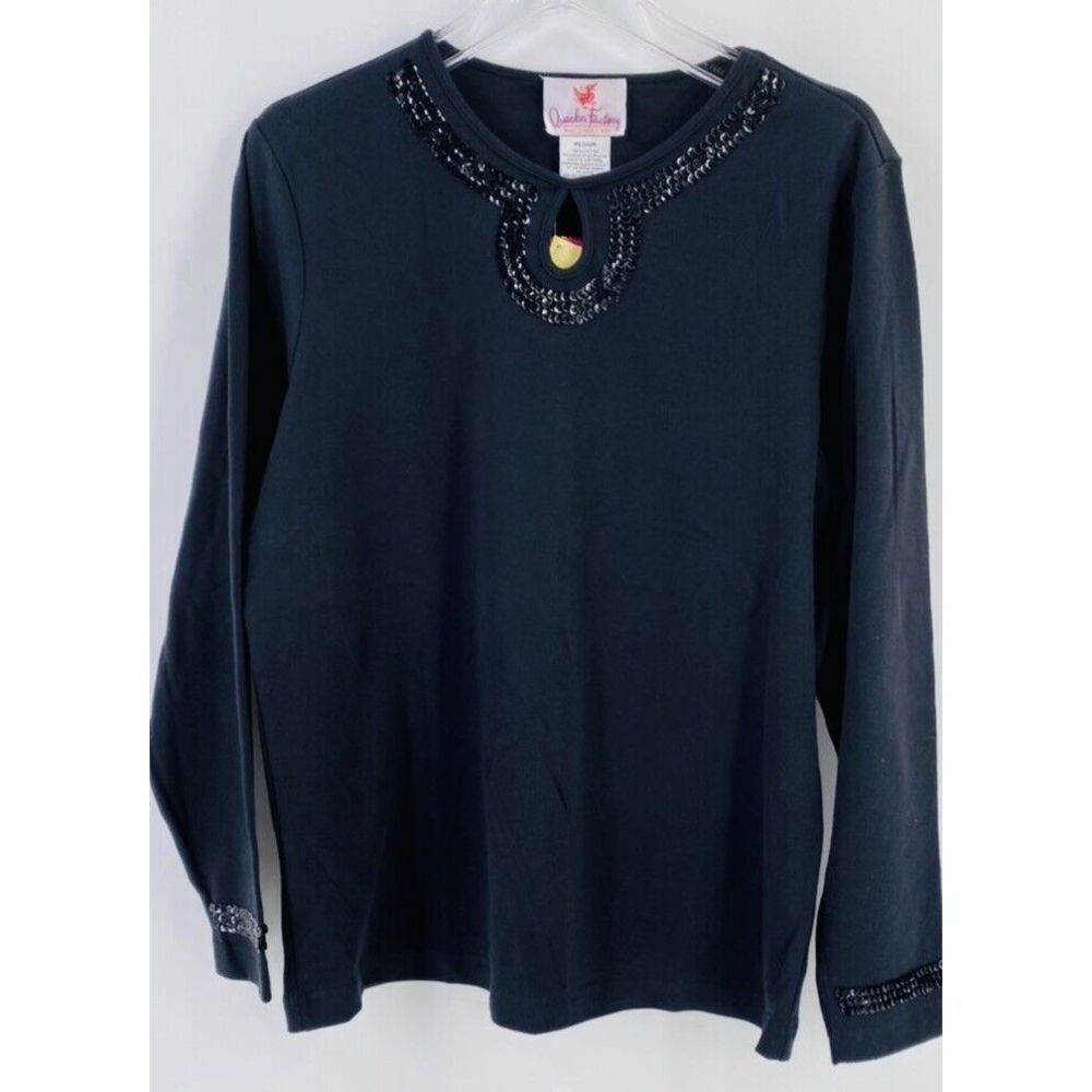 Quacker Factory L Large Woman's Black Pullover Keyhole Neck Sequins Tunic‎